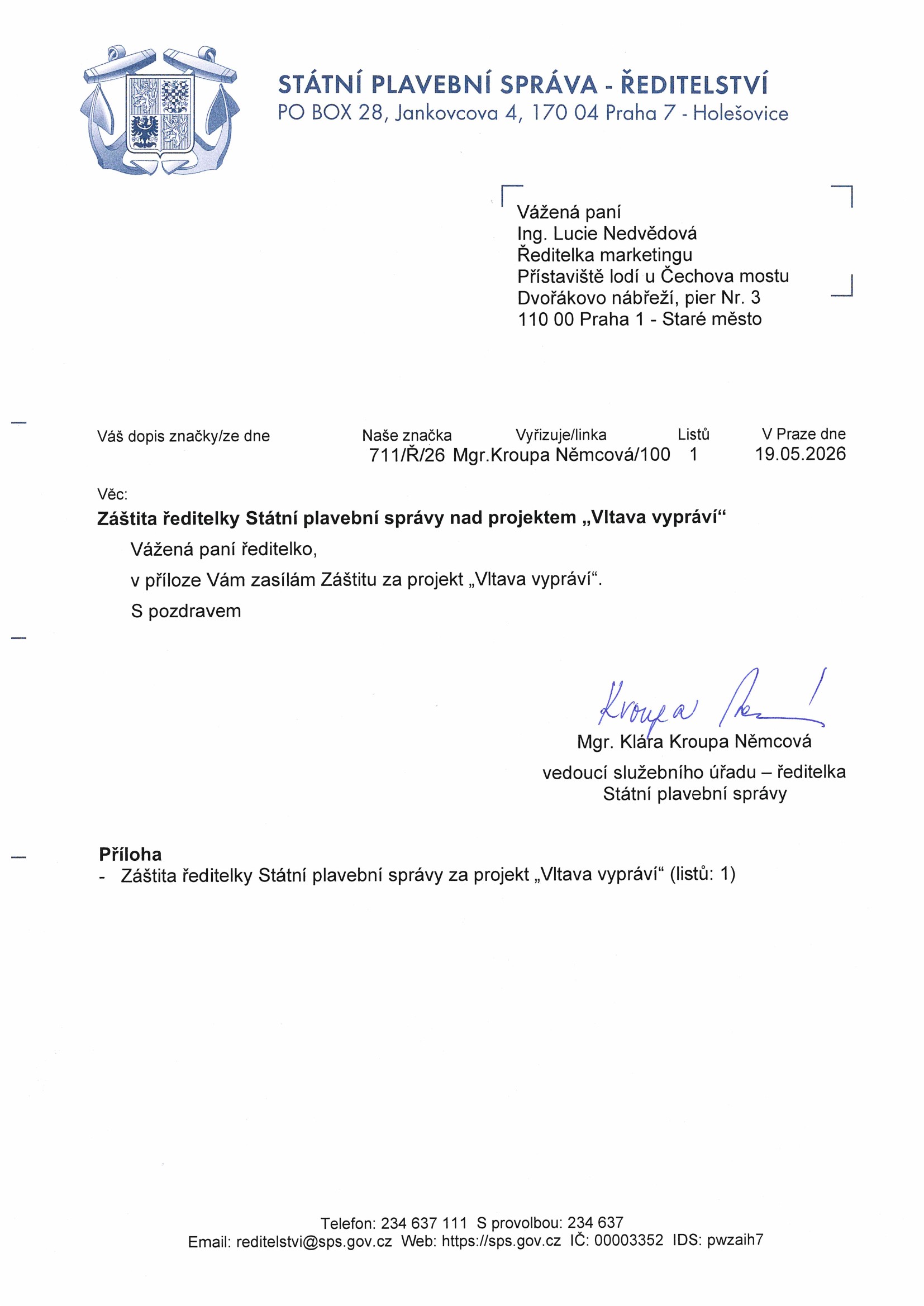 Průvodní dopis Státní plavební správy k záštitě projektu Vltava vypráví