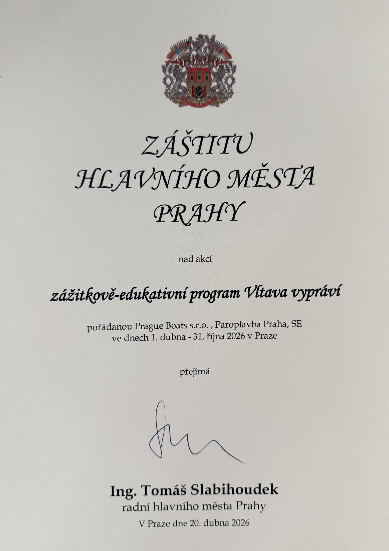 Záštita hlavního města Prahy nad projektem Vltava vypráví