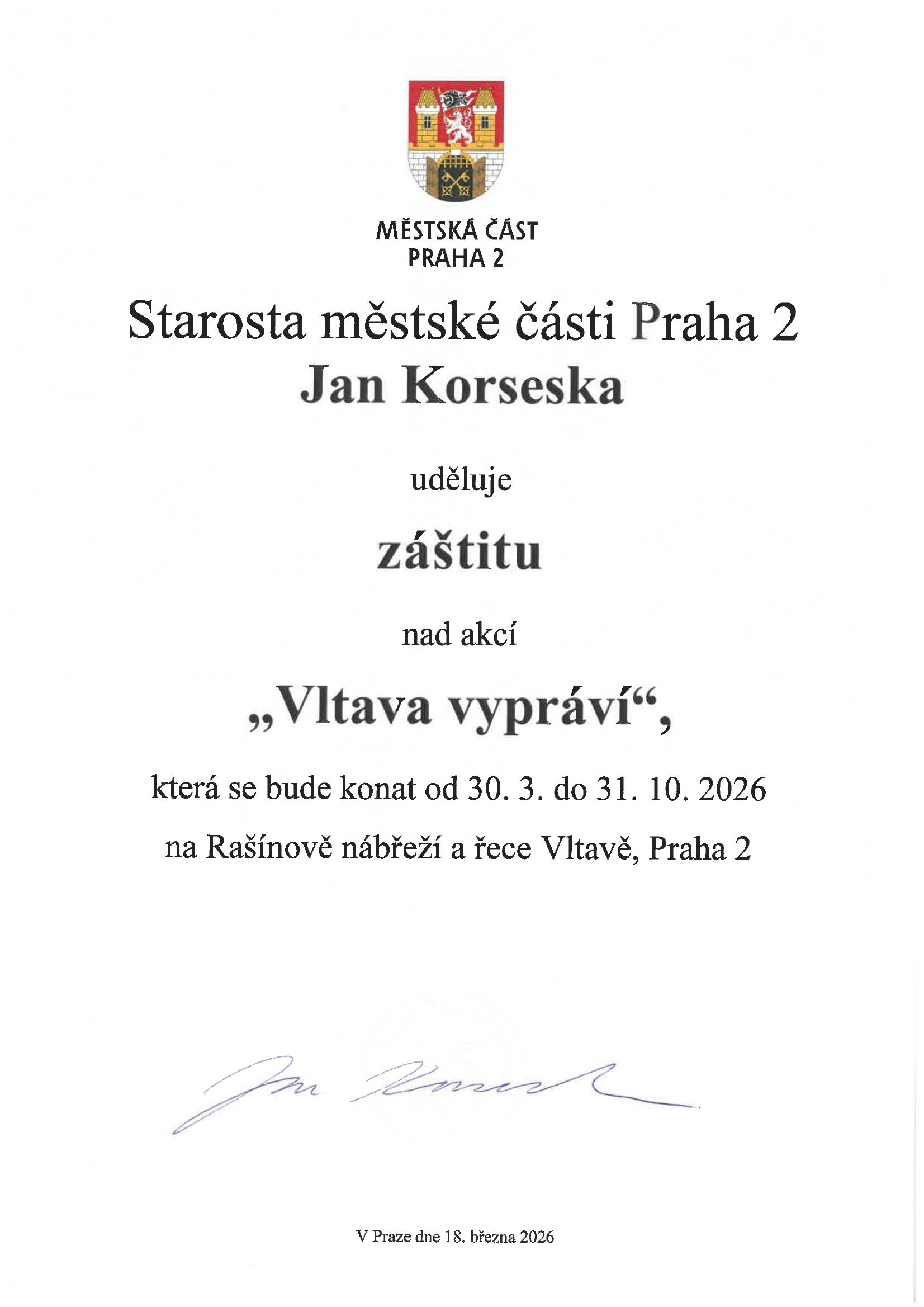 Záštita projektu Vltava vypráví od starosty městské části Praha 2 Jana Korsesky